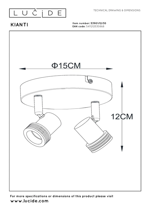 Lucide KIANTI - Plafondspot - Ø 15 cm - 2xGU10 - Zwart - technisch